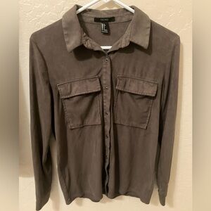 Forever 21 Faux Suede Olive Green Button-Up Top